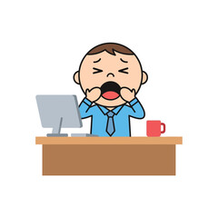 Tired businessman yawning at desk in front of computer with coffee mug.