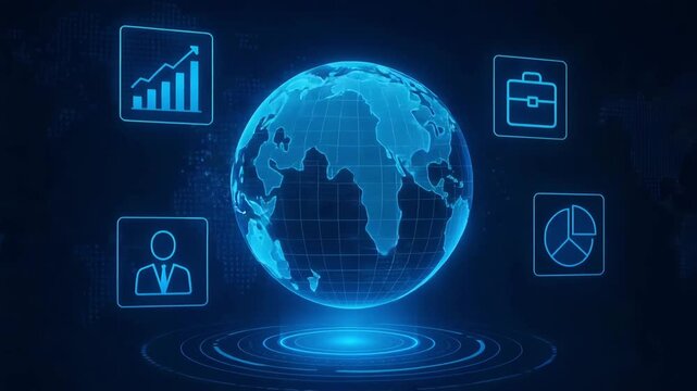 A futuristic illustration of a digital globe surrounded by business icons, representing global connectivity and advanced technology. - Powered by Adobe
