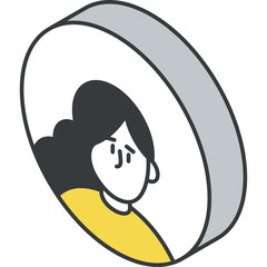 Isometric Illustration of a Woman's Profile Within a Gray Circle Against a Transparent Background Featuring Yellow Shirt and Dark Hair