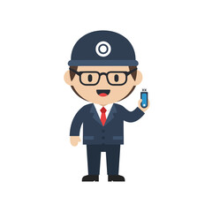 Smart professional man in suit and glasses holding a smartphone.