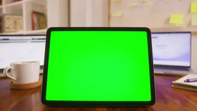 Desk of programmer with gadget chroma key green screen, person working with chatbot AI online, connecting with AI and using a chat. High quality 4k footage