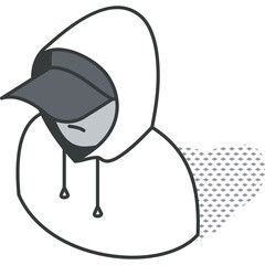 Isometric Person Wearing Hood and Cap with Eyes Closed and Shadow Isolated on White Background