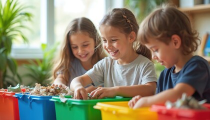 Children sort waste into colorful bins. Kids learn recycling and ecology with fun sorting activity. They cooperate in classroom for planet care. Future generation saves earth.