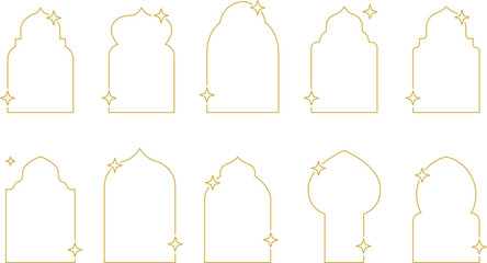 Frame with stars set border, gold frame with sparkle stars, arches border icon, festive effect decoration sign, trendy geometric template. New year christmas background 2026. Vector or PNG