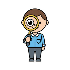 Fototapeta premium Cartoon boy holding magnifying glass looking closely at something.
