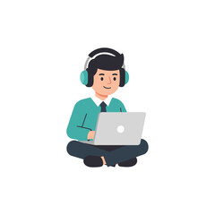 Young man focused on laptop wearing headphones and working remotely.