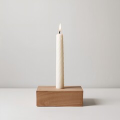 Minimalist Candle on Wooden Holder, Warm Light for Home Decor