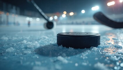 Hockey puck lies on ice rink with frost. Stick nears puck ready for shot. Floodlights illuminate arena, players skate in background. Intense game.