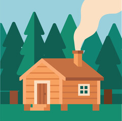Small wooden cabin in pine forest in flat illustration, warm natural colors, ideal for nature, camping, and adventure design projects