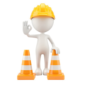 Construction Safety Icon: 3D figure with hard hat and cones