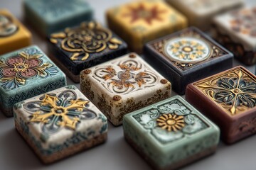 Collection of small square ceramic tiles with intricate designs