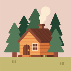 Small wooden cabin in pine forest in flat illustration, warm natural colors, ideal for nature, camping, and adventure design projects