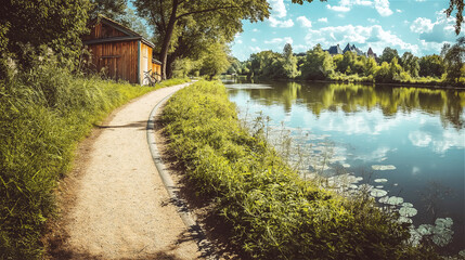 Fototapeta premium Country road curves alongside a peaceful river, surrounded by green trees and cottages. Serene rural path evokes nature retreat and tranquility, with scenic balance and depth.