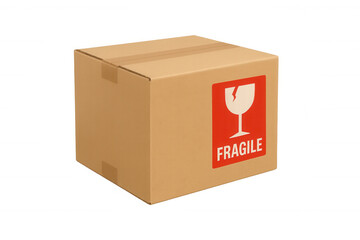 Cardboard box with red fragile sticker, parcel for shipping, delivery, or moving, transparent background