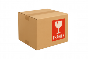 Cardboard box with red fragile sticker, parcel for shipping, delivery, or moving, transparent background