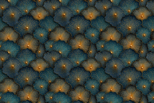 seamless pattern .  A detailed pattern of overlapping scales, inspired by the deep sea. These scales have a teal and gold color, evoking feelings of elegance and the mysteries of the ocean.