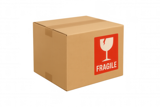 Cardboard box with red fragile sticker, parcel for shipping, delivery, or moving, transparent background