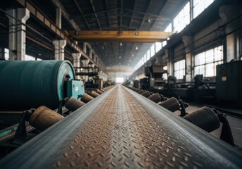 Interior view of a factory with a long conveyor belt, industrial machinery, and overhead crane
