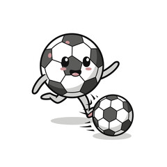 Obraz premium Cartoon soccer ball character kicking another ball with joy and happiness.