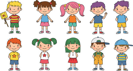Cute happy kids cartoon characters vector illustration, diverse children, smiling faces, colorful outfits, white background, playful design