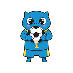 Cute blue cartoon animal character holding a soccer ball.