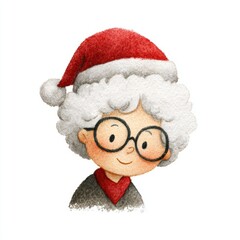 Cheerful illustration of a character with curly hair, glasses, and a Santa hat, perfect for holiday-themed projects, greeting cards, children's books, or festive marketing materials,