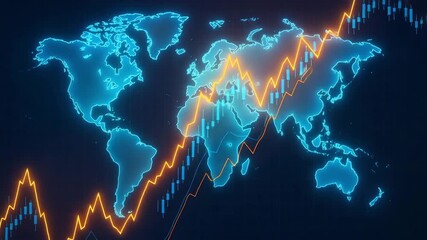 A vibrant digital map displaying global trends and financial growth through illuminated graphs and world outlines. - Powered by Adobe