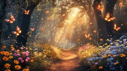 Fototapeta premium Magical forest path with butterflies, flowers, and sunlight. Ideal for nature, fantasy, or children's book illustration