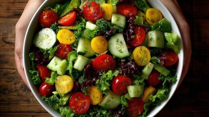 Overhead shot of a vibrant fresh vegetable salad bowl