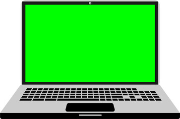 An open, silver portable laptop computer with a blank green screen display, isolated for business or digital technology concepts.
