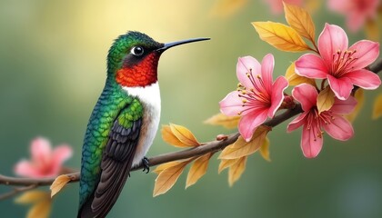 Obraz premium Vibrant watercolor illustration of hummingbird perched on branch. Artwork features delicate pink flowers and botanical elements. Design is colorful bright and perfect for decoration or wallpaper use.