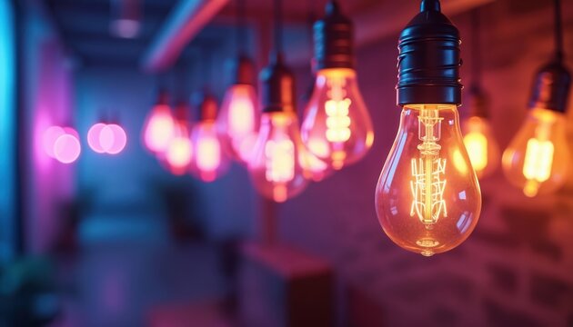 Modern Edison bulbs illuminate a space with vibrant purple and blue lights. The vintage filament lamps create a warm, inviting atmosphere ideal for interior design or retro decor concepts. - Powered by Adobe