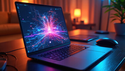 Modern laptop displays complex digital circuit pattern with glowing pink and blue lines. Tablet and mouse rest on desk. Home office ambiance with warm background light.