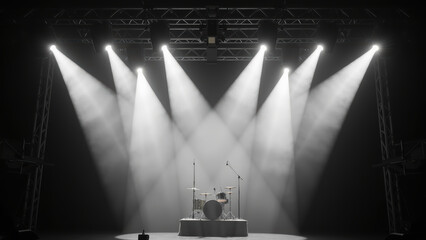 Dramatic stage setup featuring drum kit illuminated by bright stage lights, creating energetic atmosphere for live performance