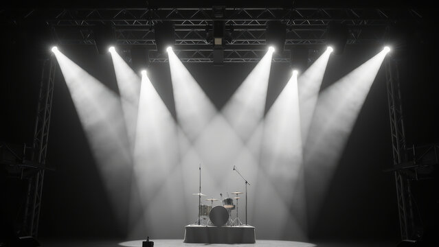 Dramatic stage setup featuring drum kit illuminated by bright stage lights, creating energetic atmosphere for live performance
