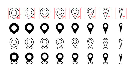Location, map pin, address icon, sharp design style (8 angle sets: 35°, 45°, 50°, 55°, 60°, 65°, 70°, 80°)