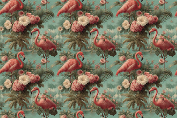 seamless pattern . Artistic flamingo, flowers and tropical leaves arranged in an ornate pattern, inviting the viewer to admire the aesthetic and artistic composition.