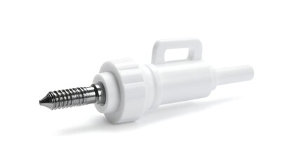 Isolated product shot, medical or industrial, small device with a handle and metallic tip. Against white background