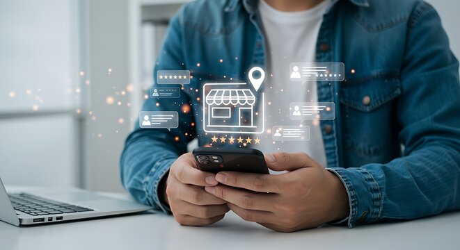 Mobile commerce and customer satisfaction. A user browses online stores, reads reviews, and chooses a service based on ratings via a smartphone