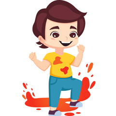 Joyful young boy with brown hair wearing a yellow t-shirt and blue jeans happily jumping with orange 