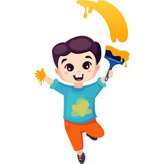 Joyful young boy with purple hair wearing a turquoise shirt and orange pants happily holding a paintbrush and paint splashes isolated on a white background with a transparent background option