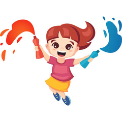 Joyful Young Girl Holding Spray Bottles With Orange And Blue Paint Mid Air With Transparent Background And White Sparkles And Splashes