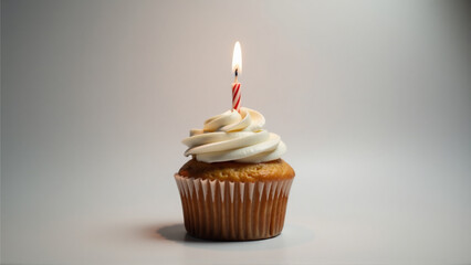 A stylized image of a cupcake with a single candle, representing a birthday or other celebration.