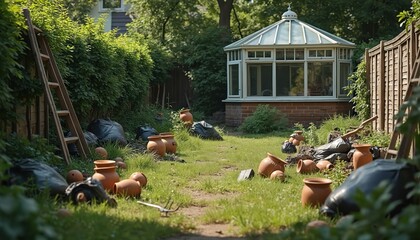 Fototapeta premium Overgrown garden with discarded pottery pots black bags and tools. Yard scene has ladder fence and small glass greenhouse. Messy backyard plot displays natural disorder concept