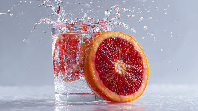Refreshing water splash with lemon and cucumber slices in a clear glass, invigorating healthy drink