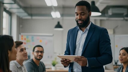Realistic video of a Black man in a blue suit presenting on a tablet to a diverse team in an office meeting - Powered by Adobe