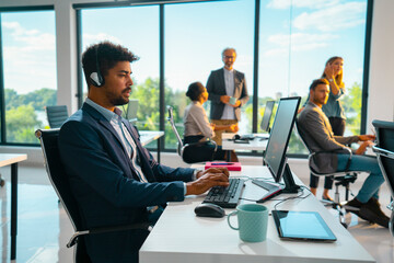 Diverse group of business employees wearing casual and professional attire working on computers in a bright, modern open-plan office, focusing on collaboration and customer service