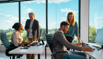 Diverse business professionals collaborating and working together on computers in a bright, contemporary office space with large windows overlooking a green landscape on a sunny day