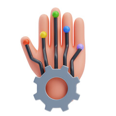 Stylized Human Hand Integrated With Mechanical Gear and Colorful Wires Representing Biomechanics and Futuristic Technology