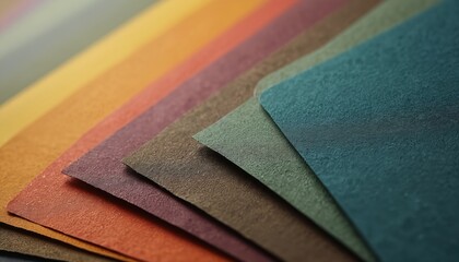 Fototapeta premium Collection of textured paper samples in warm and cool earthy tones. Swatches form a fan, fanned out with overlapping layers showing subtle grain.